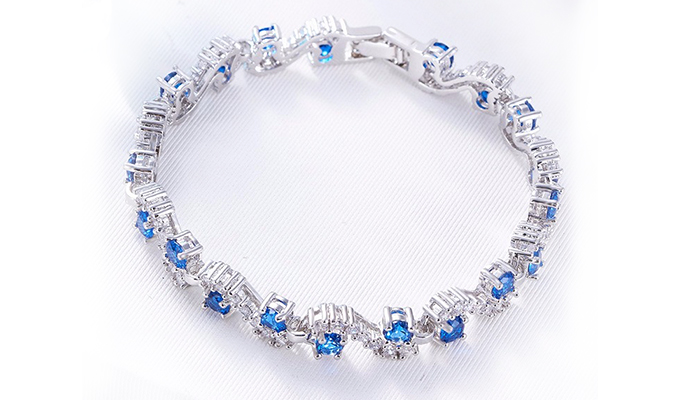 Bracelet Vintage Argenté Perles Cristaux Bleu Saphir - Modèle 5563, Occasion - Bijou Fantaisie Femme